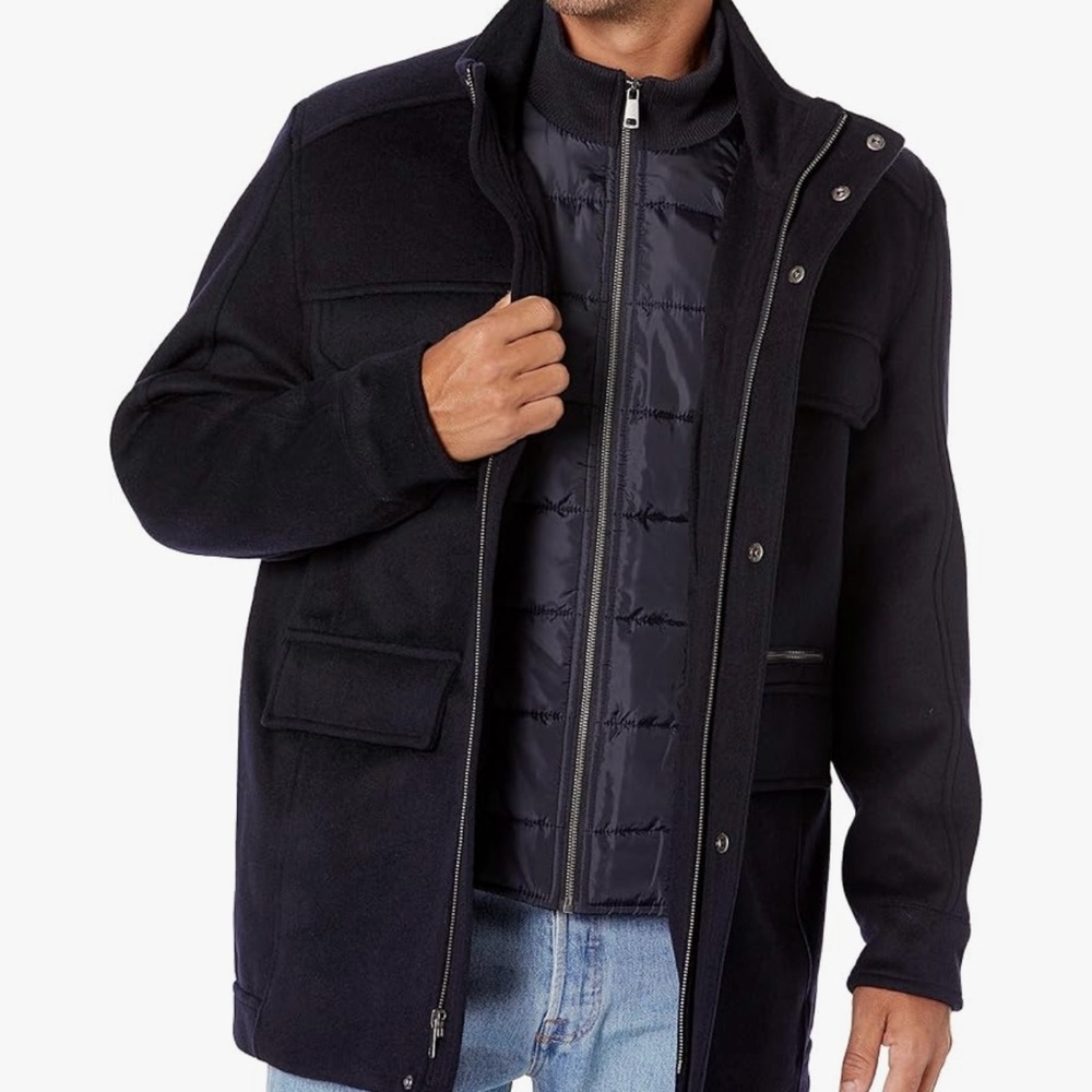 Cole Haan Navy Double Bib Collar Wool Field Coat